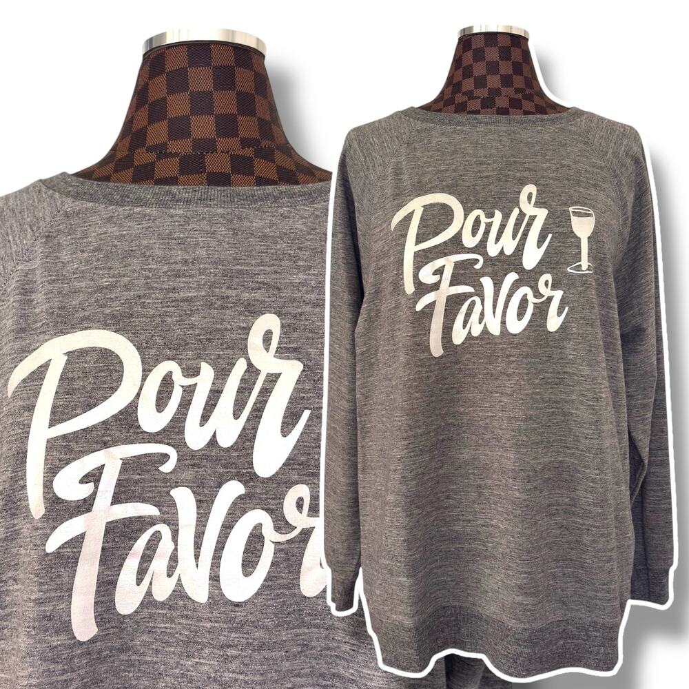 Wildfox Pour Favor Gray Oversized Sweatshirt M Wine Graphic Crewneck Pullover
